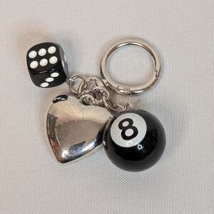 Silver And Black 8 Ball Heart And Dice Keychain Bag Charm Accessory